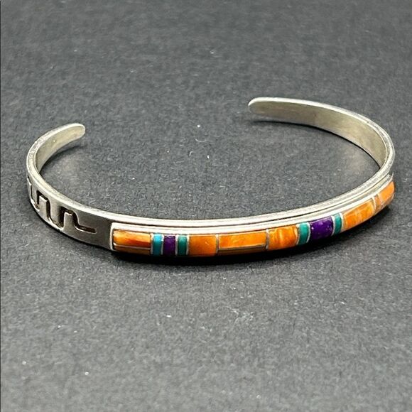 VTG Ivan Kee Gemstone Inlay Engraved Sterling Silver Cuff Bracelet - Picture 2 of 8